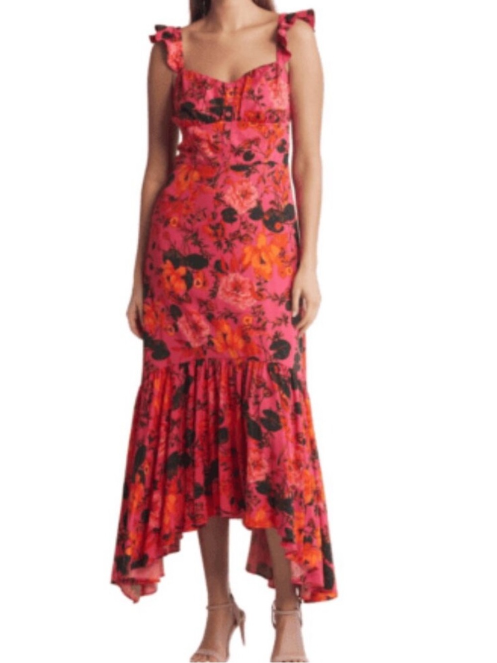 Chelsea28 Pink Floral Ruffle Strapped Handkerchief Hem Dress- Size XS